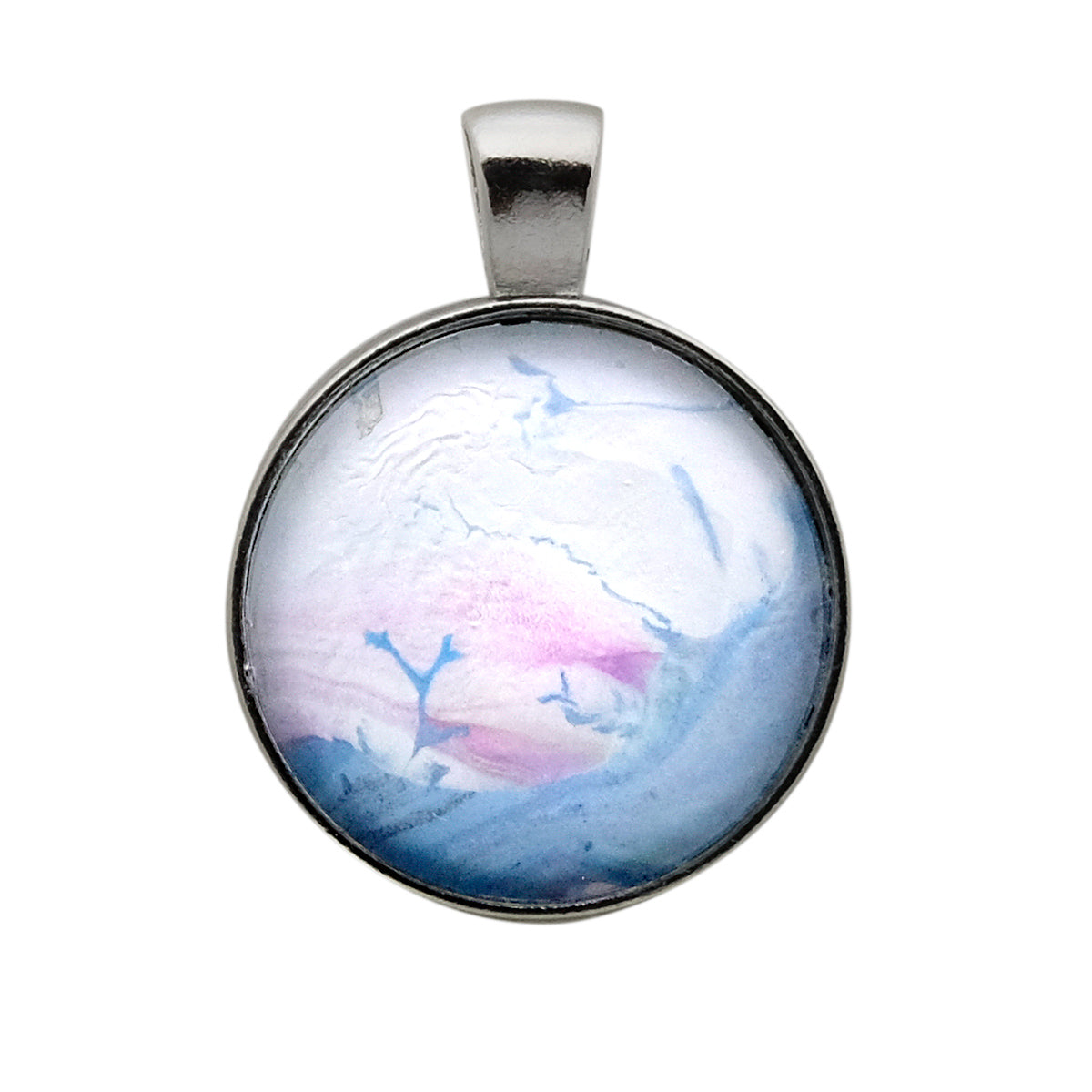 This pendant features soft, pastel color palette with swirls of light blue, pink, and white, creating an effect reminiscent of a watercolor painting. The pattern includes delicate, branch-like shapes and gentle gradients, adding to its ethereal and dreamy quality.
